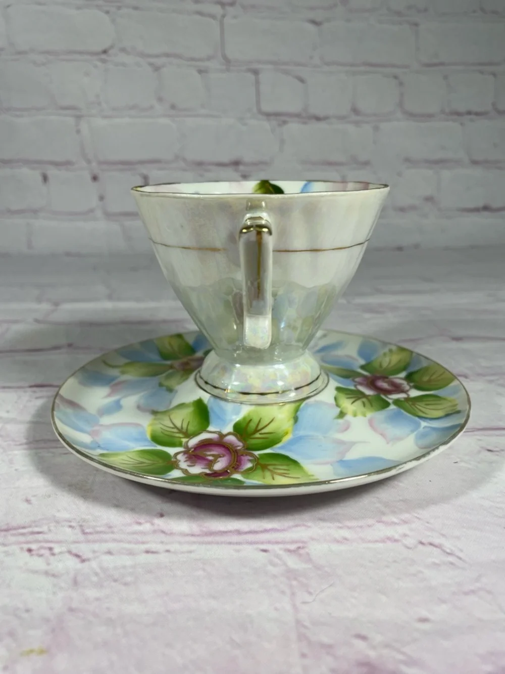 Vintage Royal Carlton 7865 Iridescent Floral Gold Trim Footed Teacup and Saucer
